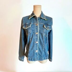 3 Sisters Denim Jacket Medium Wash Lime Green Leopard Print Beaded Sunburst S